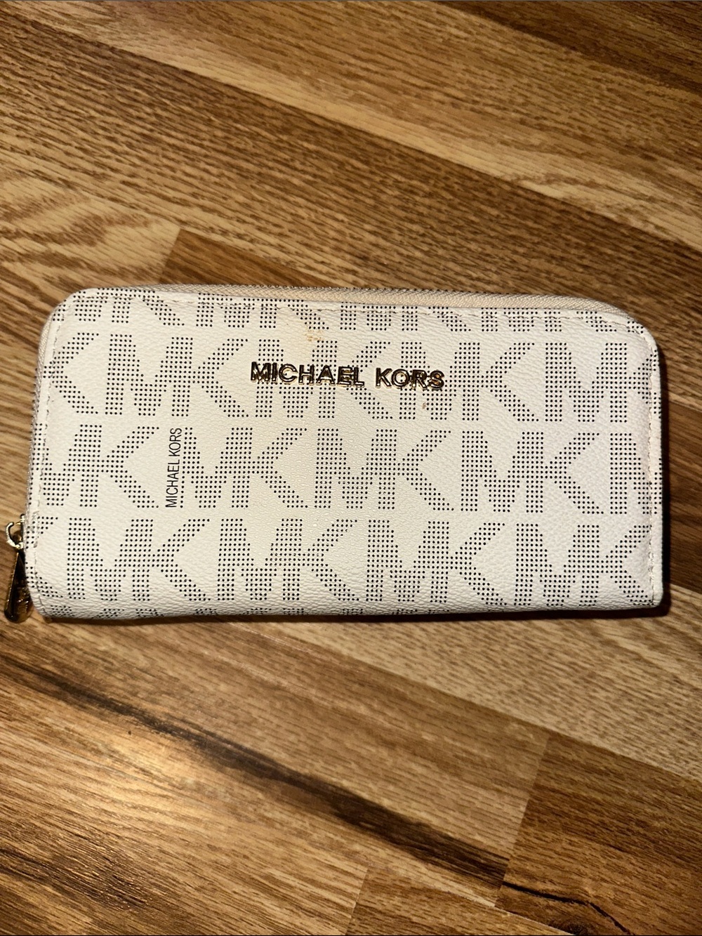 Michael Kors Cream Perforated MK Zip Wallet with Gold Logo